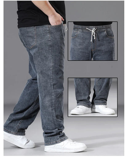 8XL Plus Size Jeans Men Solid Color Denim Pants Male Fashion Casual Baggy Jeans Elastic Waist Straight Pants