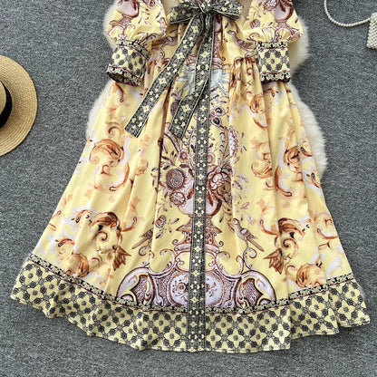 Retro Faion Print Stand Collar Single Button Women's Dr Waist Cinched Floor Length Skirt Korean Sle High Waist Long Sl...