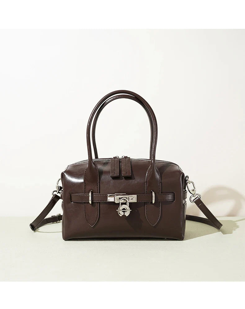 2025 Fall Winter New Top Grain Leather Spacious Boston Bag Lock Design Single Shoulder Crossbody Pack Women Commuting Handbag
