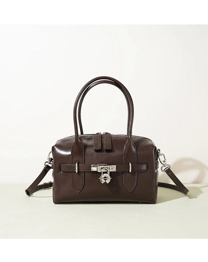 2025 Fall Winter New Top Grain Leather Spacious Boston Bag Lock Design Single Shoulder Crossbody Pack Women Commuting Handbag