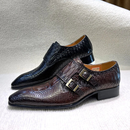 Men's Italian Genuine Leather Formal Oxford Shoes Python Crocodile Pattern Button Detailing for Office Party Wedding Footwear