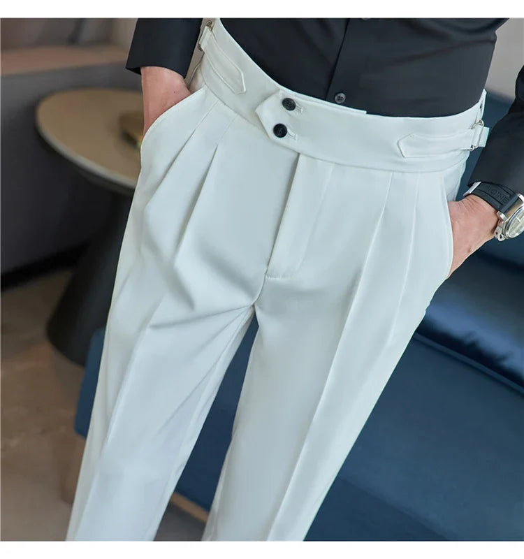 British Style Autumn New High Waist Trousers Men Belt Design Slim Fit Suit Pants Office Social Wedding Party Formal Pants Hommes
