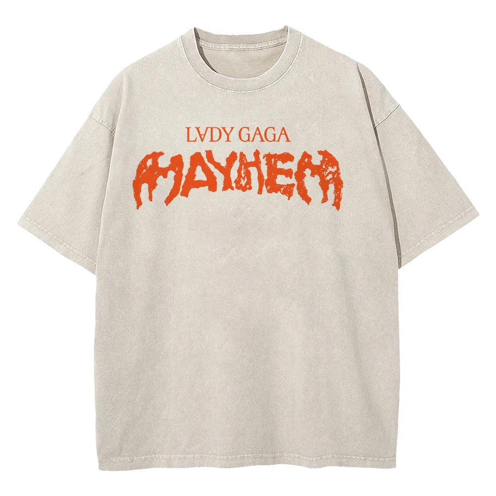 Vintage Washed Lady Gaga The Mayhem Ball Tour 2025 T Shirt Fashion Men/Women Aesthetic High Quality Acid Wash 100% Cotton Tees