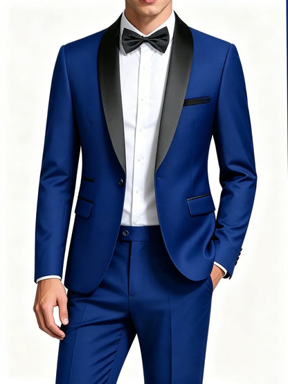 Men's Black Satin Shawl Lapel Tuxedo Suit 2 Pieces, Slim Fit Formal Blazer & Pants for Wedding Party Prom Groom Outfit