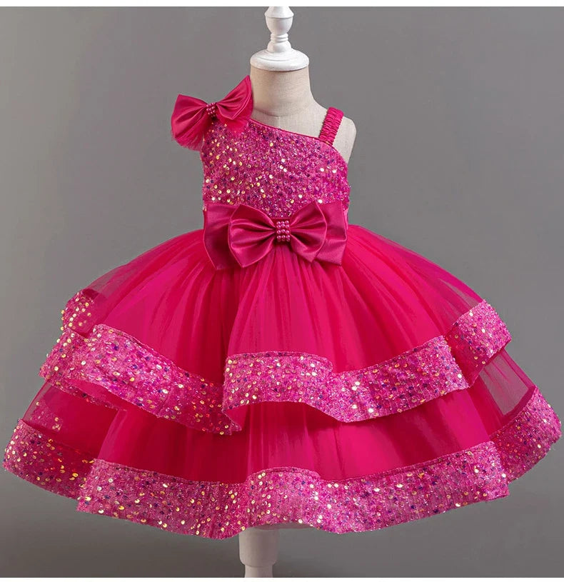 Fashion Birthday Dress Lace Mesh Bow Kids Girls Sequin Dress Summer Children Clothing Princess Ball Gown Pageant 1-6 Years