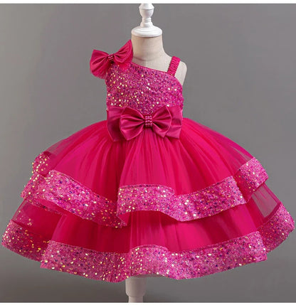 Fashion Birthday Dress Lace Mesh Bow Kids Girls Sequin Dress Summer Children Clothing Princess Ball Gown Pageant 1-6 Years