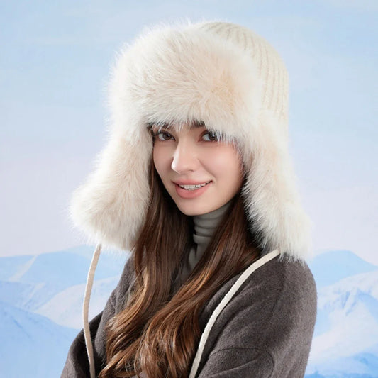 Russian Hat New Thick Warm Fluffy Fur Hat Knitted Snow Ski Trapper Earflap Cap Women Winter Hat Ushanka Female Bomber Hat
