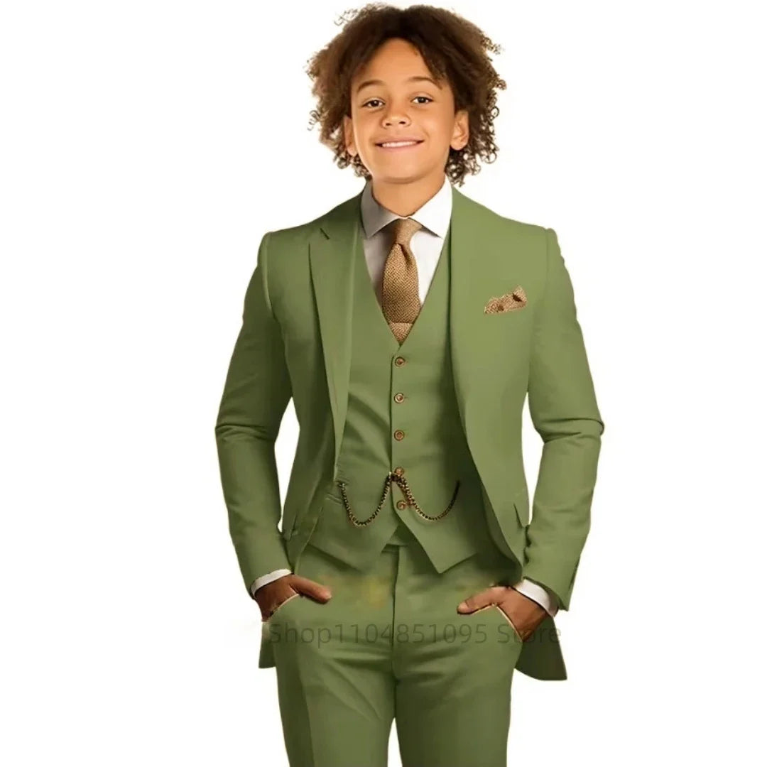 Khaki Boys Suit 3 Piece Groom Tuxedo Notch Lapel Jacket Pants Vest Wedding Party Birthday Gift Kids Slim Fit Blazer Child Suits