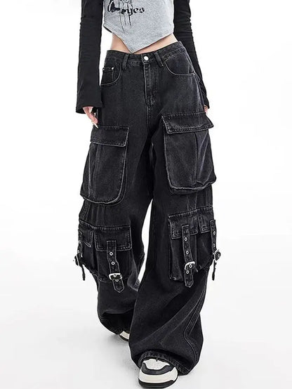 Black Gothic Punk Multi-Pocket Zipper Denim Jeans Men And Women Y2K American Baggy Fashion High Waist Loose Wide-Leg Jeans