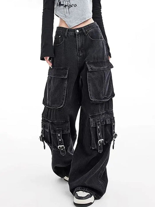 Black Gothic Punk Multi-Pocket Zipper Denim Jeans Men And Women Y2K American Baggy Fashion High Waist Loose Wide-Leg Jeans