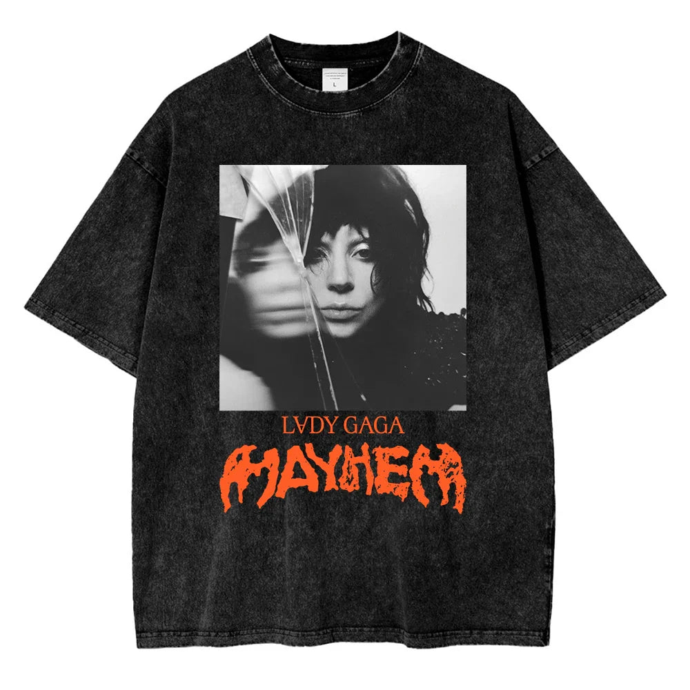Vintage Washed Lady Gaga The Mayhem Ball Tour 2025 T Shirt Fashion Men/Women Aesthetic High Quality Acid Wash 100% Cotton Tees