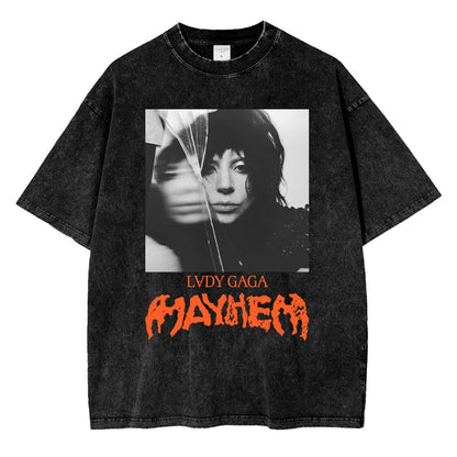 Vintage Washed Lady Gaga The Mayhem Ball Tour 2025 T Shirt Fashion Men/Women Aesthetic High Quality Acid Wash 100% Cotton Tees
