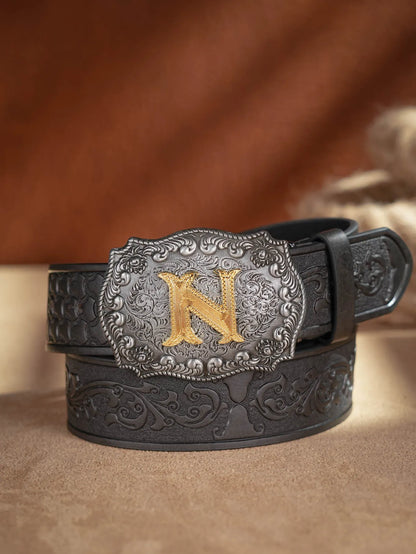 Western Cowboy PU Leather Belt - Men Waist Strap Bull Decoration Floral Engraved for Jeans