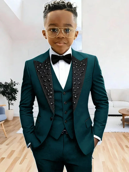 Boys Luxury Beaded Suit Set 3 Pieces For Evening Party High Quality Peak Lapel Suits Piano Performance Wear Elegant Plus Size