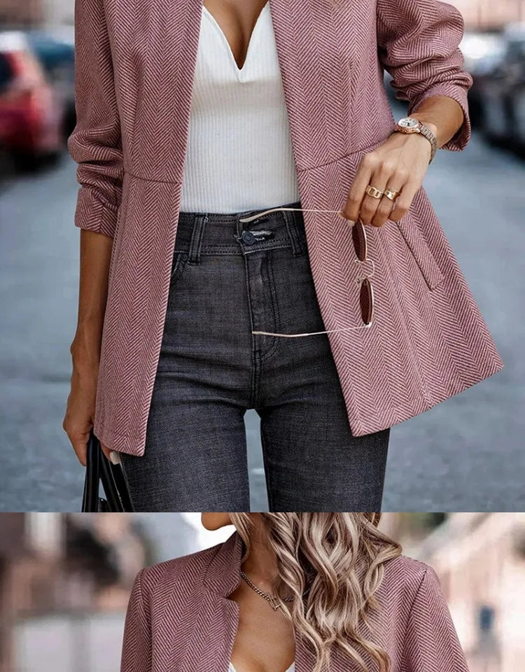 Commute Style Simple Design Woolen Suit Coat Pink Lapel Open Cardigan Short Length Polyester Fiber Women's Fashion Outerwear