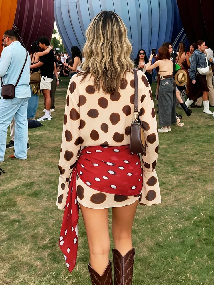 Music Festival Silk Scarf Strap Patchwork Dress Women Sexy Single-Breasted Full Sleeve Polka Dot Print Hottie Bodycon
