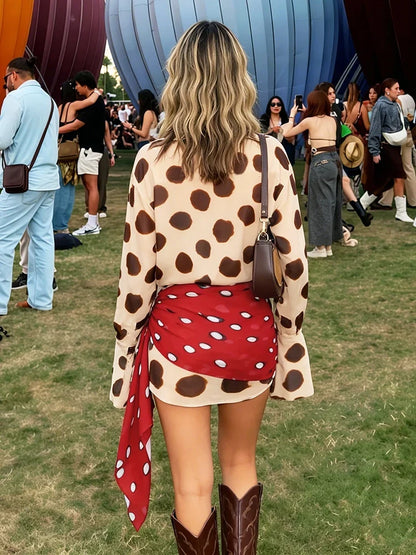 Music Festival Silk Scarf Strap Patchwork Dress Women Sexy Single-Breasted Full Sleeve Polka Dot Print Hottie Bodycon