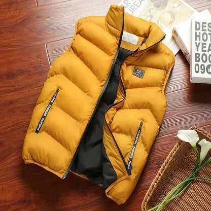 Winter Warm Men's Jacket Sleeveless Zipper Vest Solid Casual Vests Male Cotton-Padded Thickened Stand Collar Wear Outside