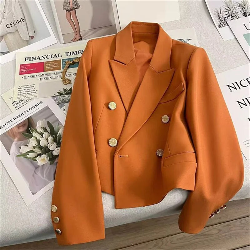 High-Quality Double Breasted Crop Blazer Women Korean Solid Long Sleeve Suit Coat Office Ladies Elegant Short Jacket Female Coat