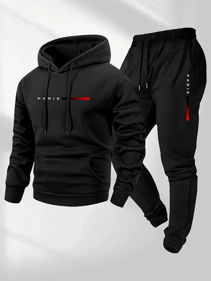 Printed sweatshirt set, wool sweatshirt and pants set for men, warm and casual sports sweatshirt pants set for autumn and winter