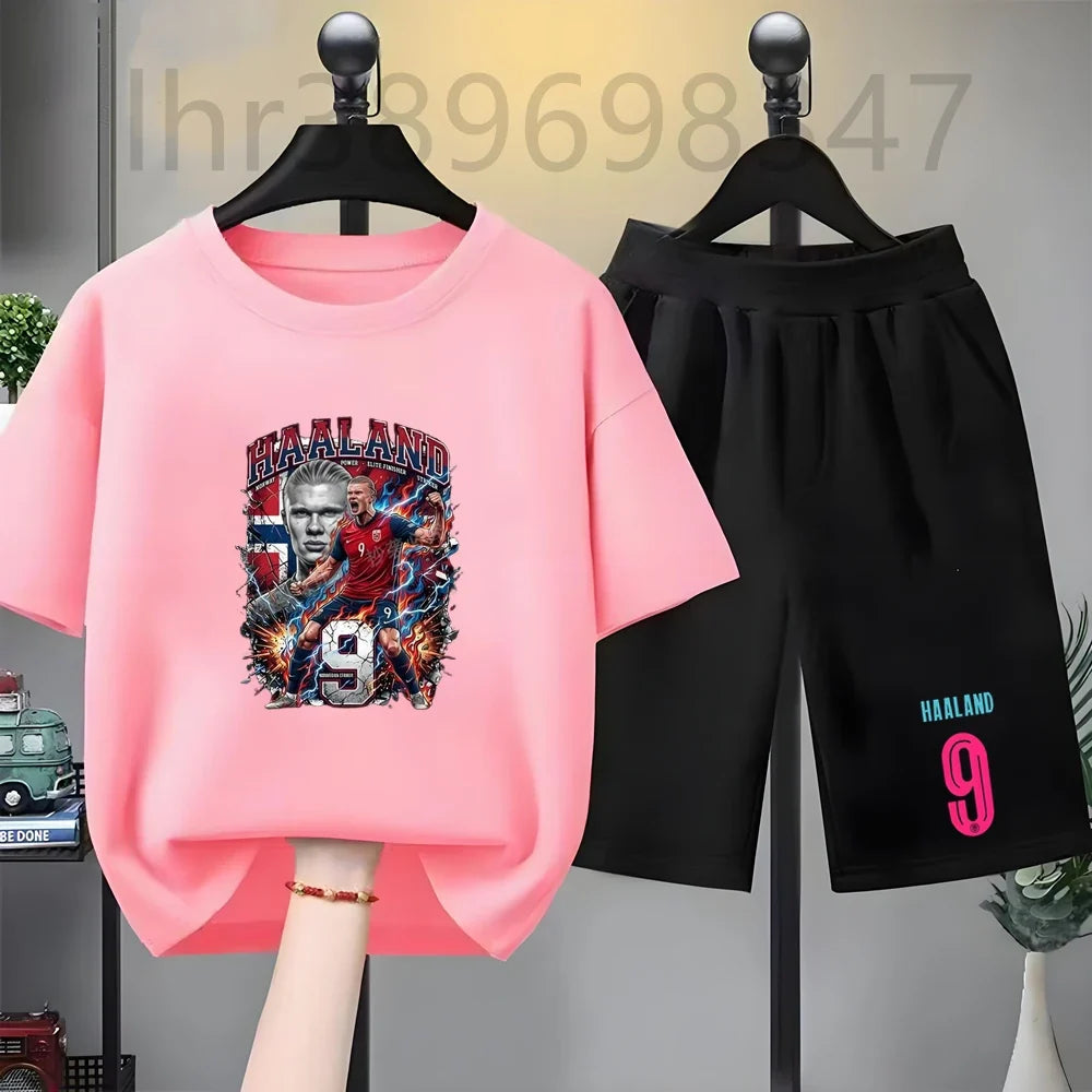Summer Tees Football Famous General Print Set Suitable Children Short Sleeve Girls Boy Set Tshirt+Shorts 2pcs Kids Clothing