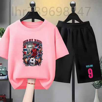 Summer Tees Football Famous General Print Set Suitable Children Short Sleeve Girls Boy Set Tshirt+Shorts 2pcs Kids Clothing