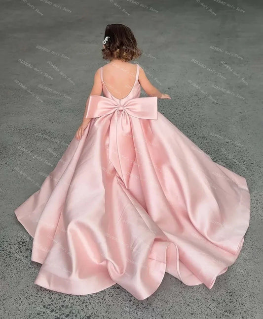 Pink Flower Girl Dresses for Wedding With Bow Backless Brush Train First Communion Frock Custom Pleated Satin Pageant Party Gown