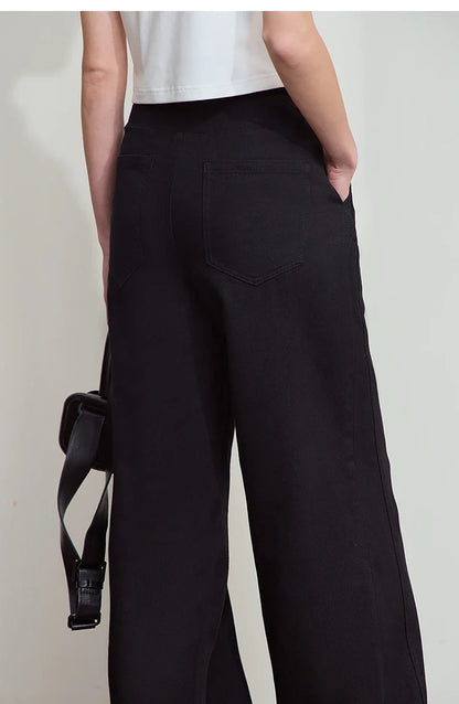 Women's Jeans Minimalist 2025 Summer New Style Solid Color Commuting Black Beige Wide Leg Cotton Denim Long Pants 12552012