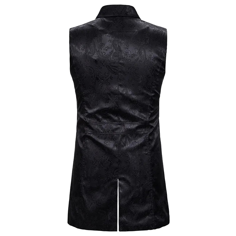 2026 Eur-Usa Fashion Elegant Jacquard Mid Length Tailcoat Vest for Men, Navy Blue Vintage Gothic Sleeveless Palace Men's Tuxedo