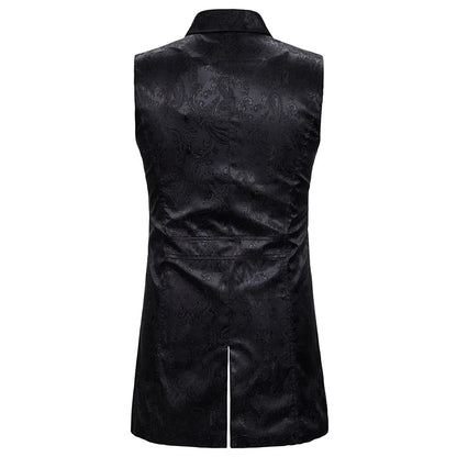 2026 Eur-Usa Fashion Elegant Jacquard Mid Length Tailcoat Vest for Men, Navy Blue Vintage Gothic Sleeveless Palace Men's Tuxedo