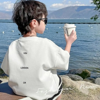 Summer Boys Cotton Leisure White T-Shirt Tops+Contrast Stripes Shorts Pant Set School Kids 2PCS Tracksuit Children Outfit 3-14Yr