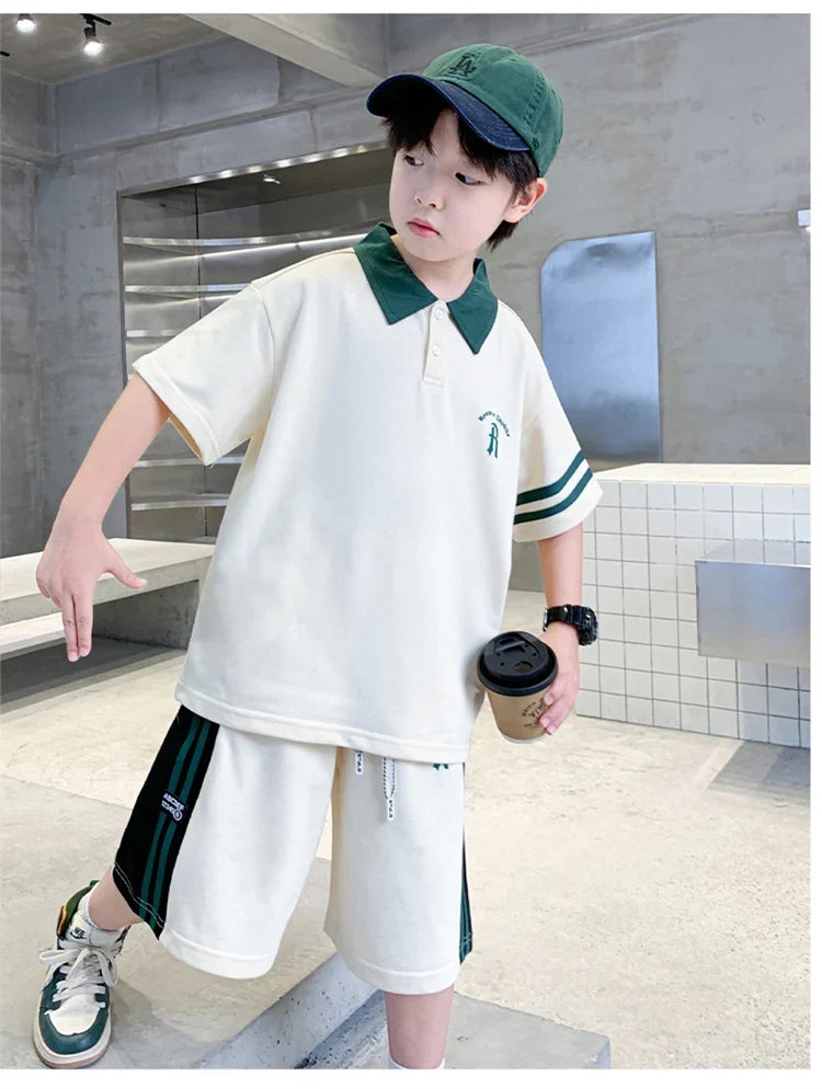 Boys Set Summer Children Clothing Korean Style Costumes Cotton Polo Shirt Shorts 2pcs Kids Casual Outfits Tracksuit Age 5-14 Y
