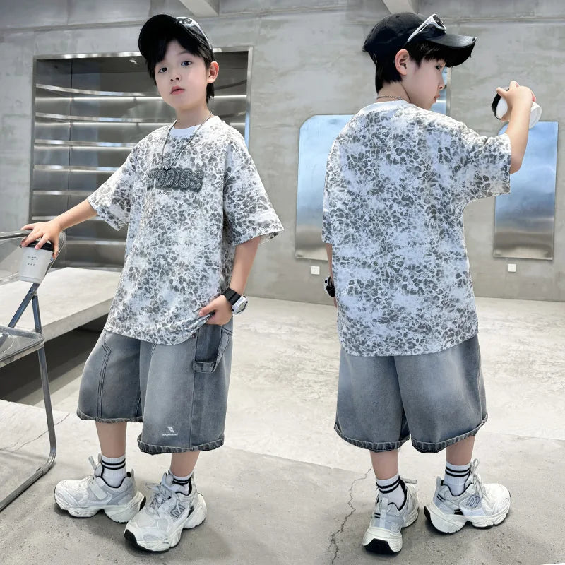 Baby Child Summer Cotton Suit With Shorts for Boy Leopard Print T-shirt + Denim Shorts Top and Bottom Clothes Set For Kids 2-14Y
