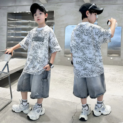Baby Child Summer Cotton Suit With Shorts for Boy Leopard Print T-shirt + Denim Shorts Top and Bottom Clothes Set For Kids 2-14Y