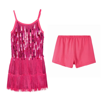 LOlanta 2Pcs Girls Sequin Latin Dance Dress Tassel Salsa Dancewear Sequin Fringe Dress Performance Outfits