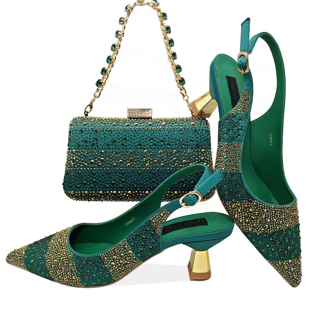 2024 Hot Selling INS Pointed-Toe Luxury Style High Heels Sandal With Bag Set in Gold Color For Wedding Party Women