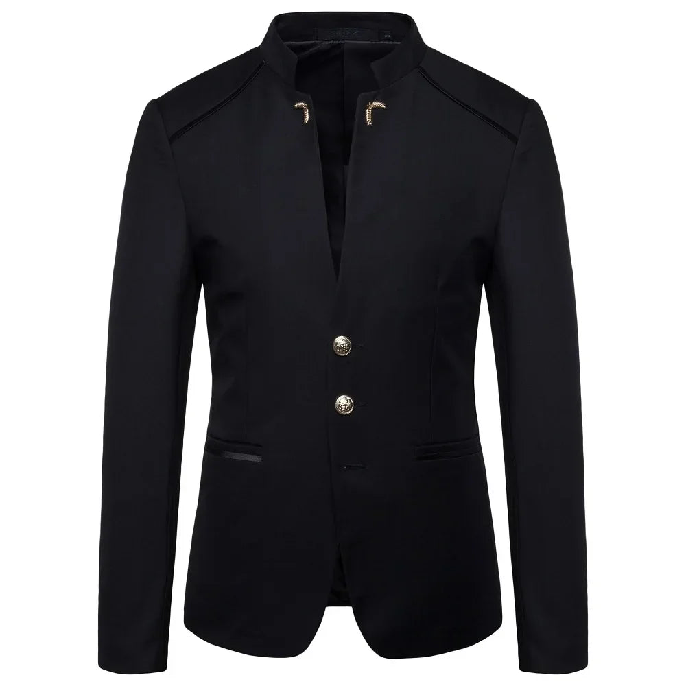 Black Stand Up Collar Blazer Coat, Men's Wedding Party Dress Jacket Fashion Slim Fit Single Breasted Jaqueta, Asian Size M-5XL