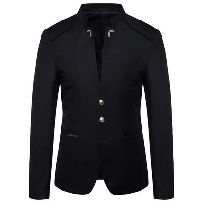 Black Stand Up Collar Blazer Coat, Men's Wedding Party Dress Jacket Fashion Slim Fit Single Breasted Jaqueta, Asian Size M-5XL