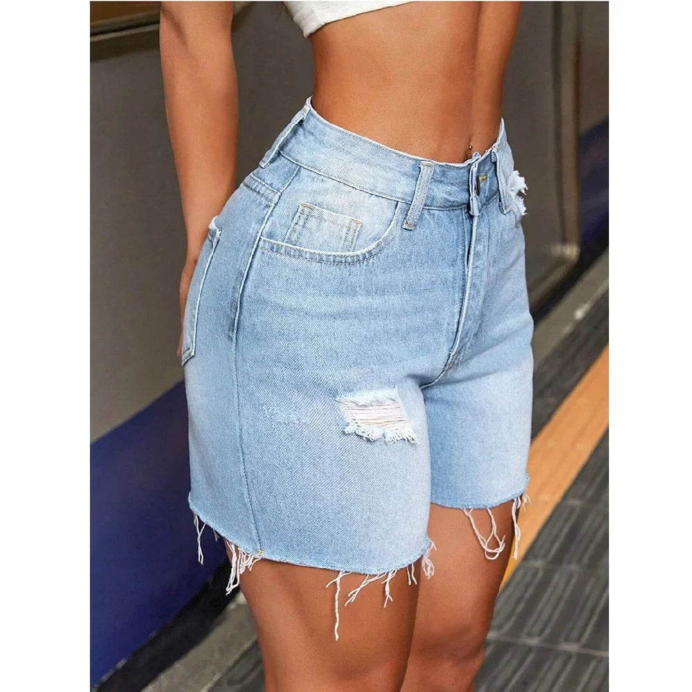Women Summer Street Denim Shorts High Waist Ripped Hole Stretch Jean Short Pants