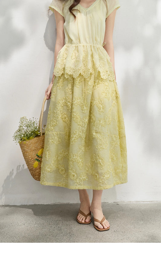 Yellow Elastic Waist Flower Appliques Skirt For Women 2026 Summer Floral Loose Elegant Gentle A-Line Skirt MXF25B2533