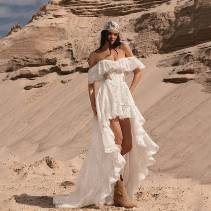 Boho High/Low Lace A-Line Wedding Dresses Pleat Off The Shoulder Strapless Open Back Robe De Mariée Party Gown Customized