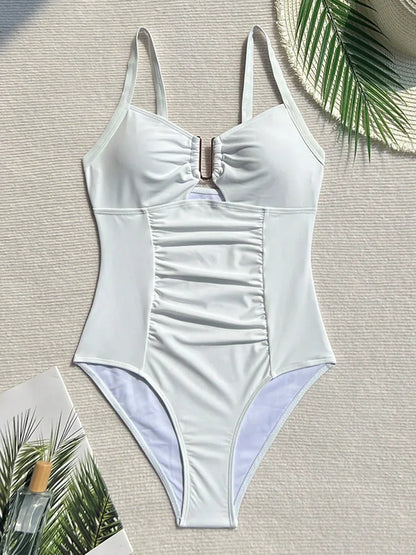 2026 V Neck Pleated Swimsuits Female Swimwear One Piece Swimsuit Women High Cut Bather Bathing Suit Swim Beachwear Slim Bodysuit