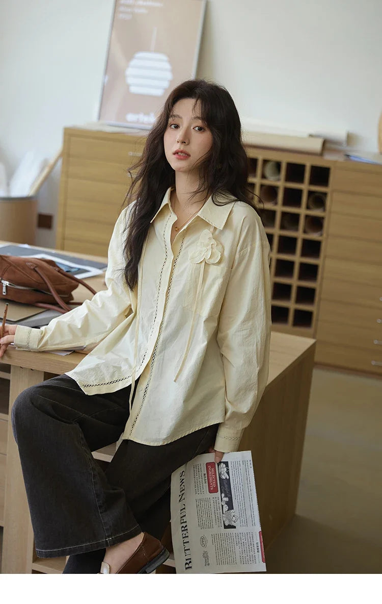 100% Cotton Shirt For Women Autumn 2025 New Fashion Petal Ribbon Button Long Sleeves Shirt Women's Clothing MXE41C2349