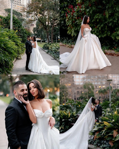 Elegant Sweetheart Off White Satin Wedding Dress for Women Luxury Long Train Corset Simple Bride Dress SW010