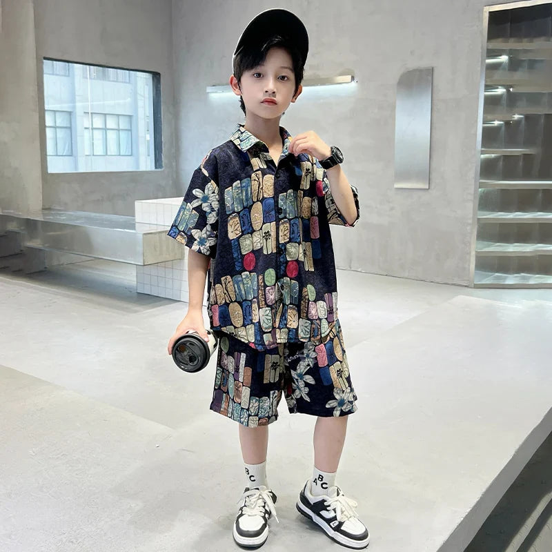 New Summer Kids Beach Clothes Set 2 Pieces Set for Boys Casual Shirt Short 2PCS Clothing Set Children Cool Vacation Outfit Suit