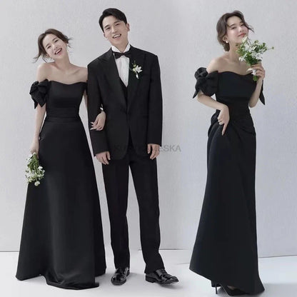 Wedding Dresses Sweet Bow Off The Shoulder For Women 2024 Satin Black Evening Dress Elegant Floor-length Simple Wedding Shooting