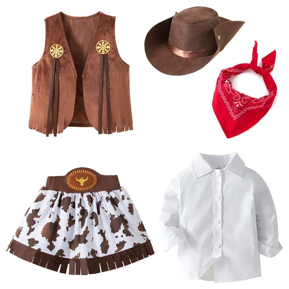 4/5 Pcs Set Girls Cowboy Role Play Skirt Clothes Vest Set Skirt Sets Kids Spring Autumn Halloween Cosplay Performance Costumes