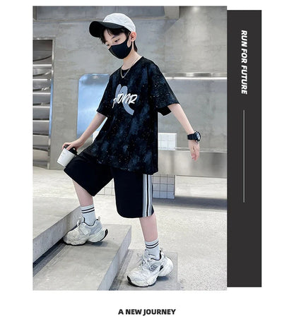 New Casual Boys Cotton Top summer Bottoms Clothes Set for Teenager Child Fashion Outfit Kids T-shirt Shorts Two Pieces Clothing
