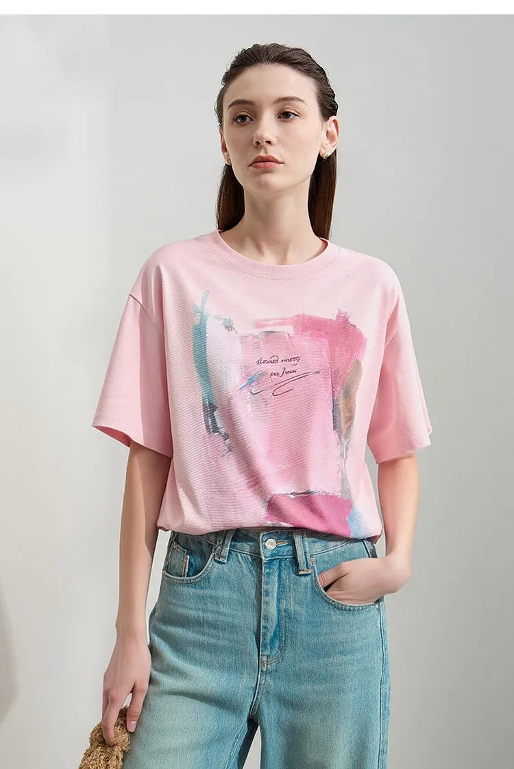 Women's T-Shirt 2026 Summer New Cotton O-Neck Drop Shoulder Tee Casual Printed Loose Short Sleeve Top For Women 12642030