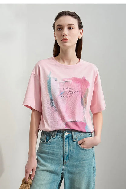 Women's T-Shirt 2026 Summer New Cotton O-Neck Drop Shoulder Tee Casual Printed Loose Short Sleeve Top For Women 12642030